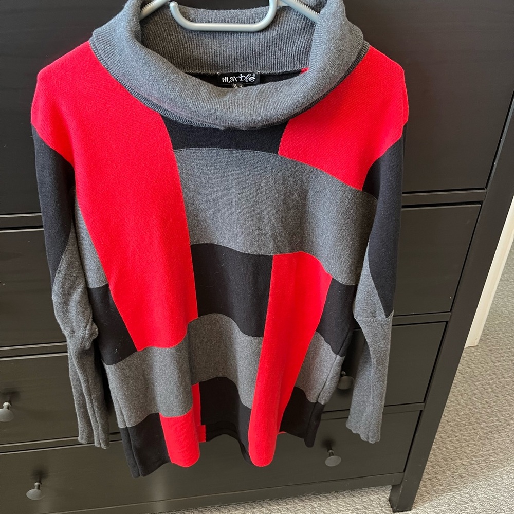 MARBLE Red and Gray Striped Cowl Neck Sweater